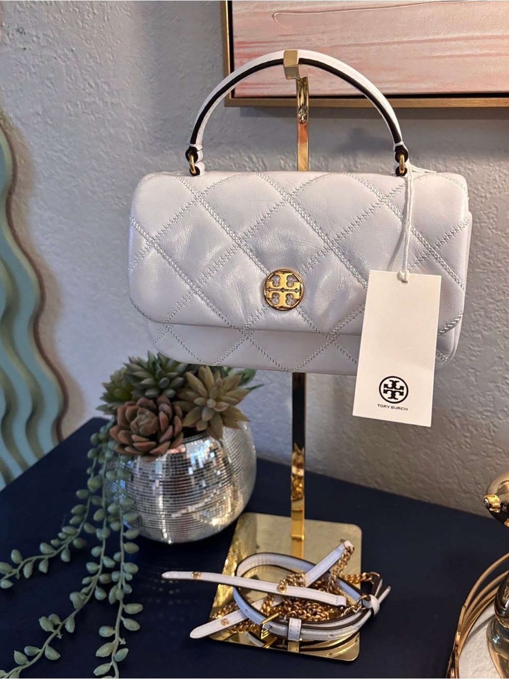Tory Burch Quilted White Top-Handle Satchel with Gold Logo